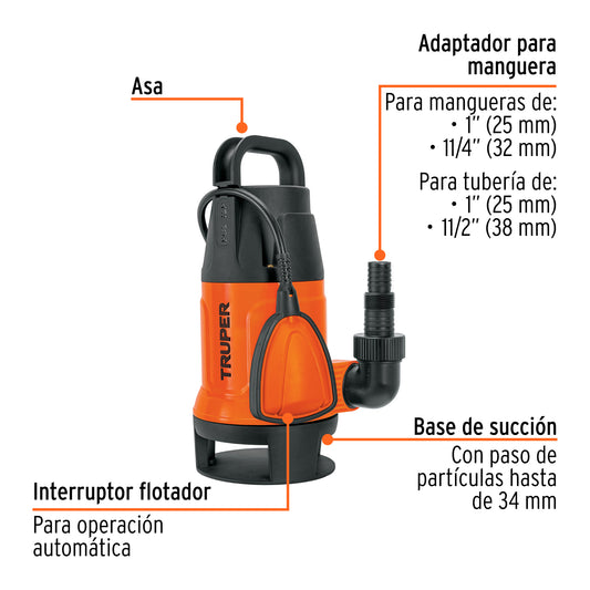 Bomba sumergible plástica para agua sucia de 1 HP