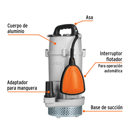 Bomba sumergible cubierta aluminio para agua limpia de 3/4 HP
