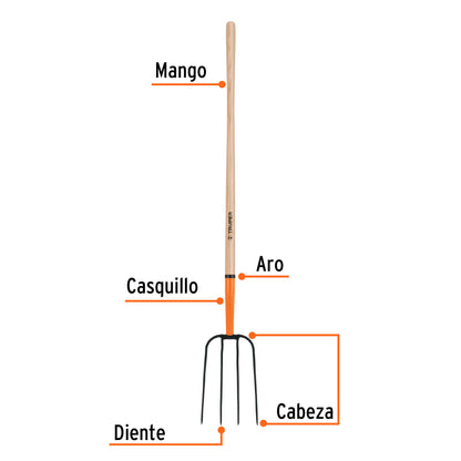 Bieldo para paja de 4 dientes con mango largo de 122 cm
