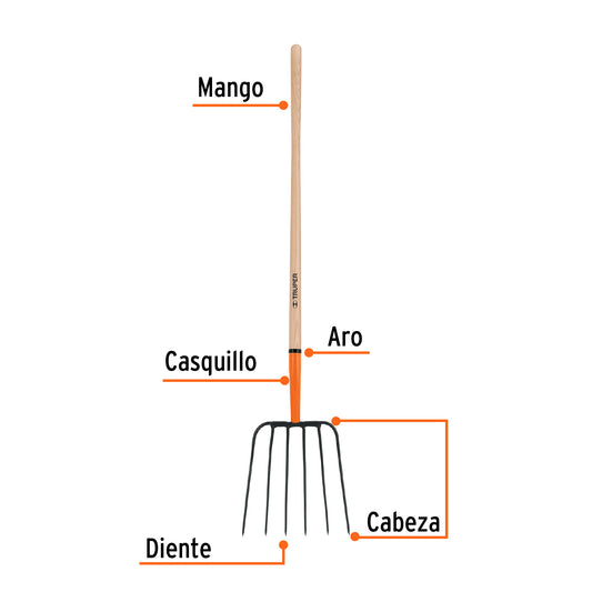 Bieldo para paja de 6 dientes con mango largo de 122 cm