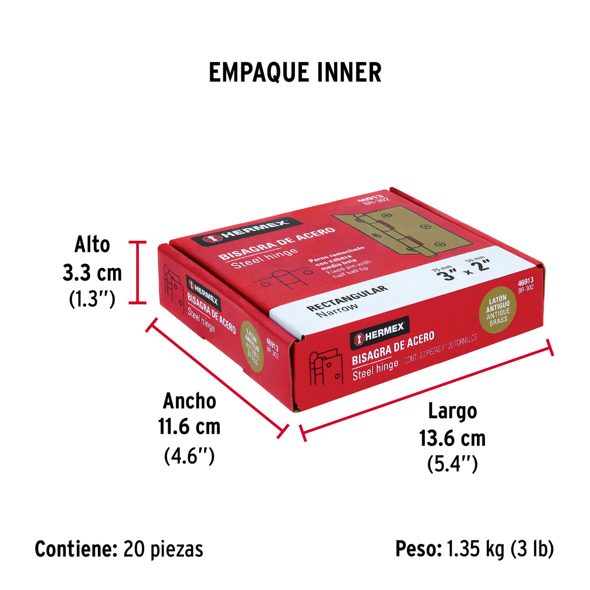Bisagra rectangular 3 x 2", latón antiguo · vista 5