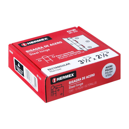 Bisagra rectangular de tres y media pulgadas en acero pulido