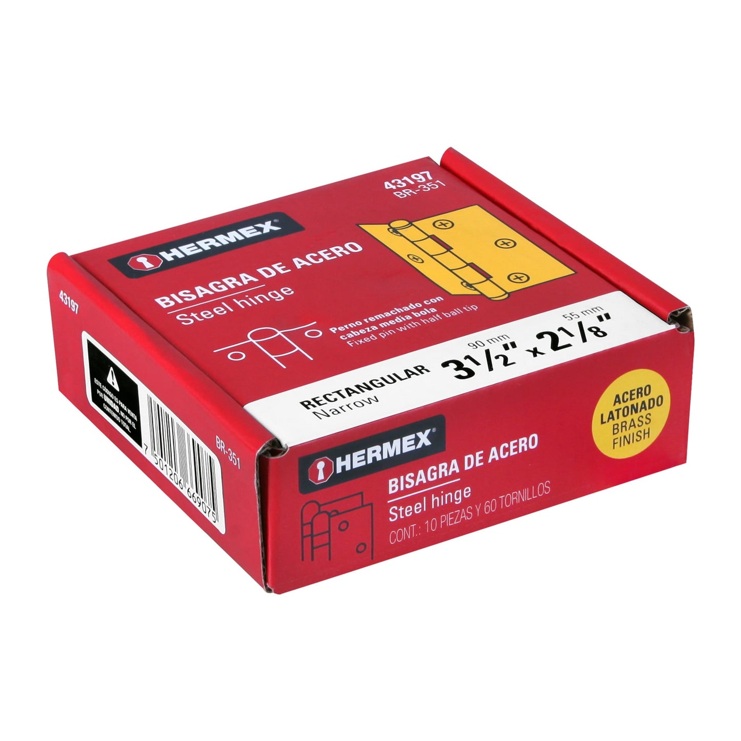 Bisagra rectangular de tres y media pulgadas en acero latonado