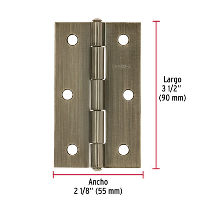 Bisagra rectangular 3-1/2 x 2-1/8", latón antiguo · vista 3