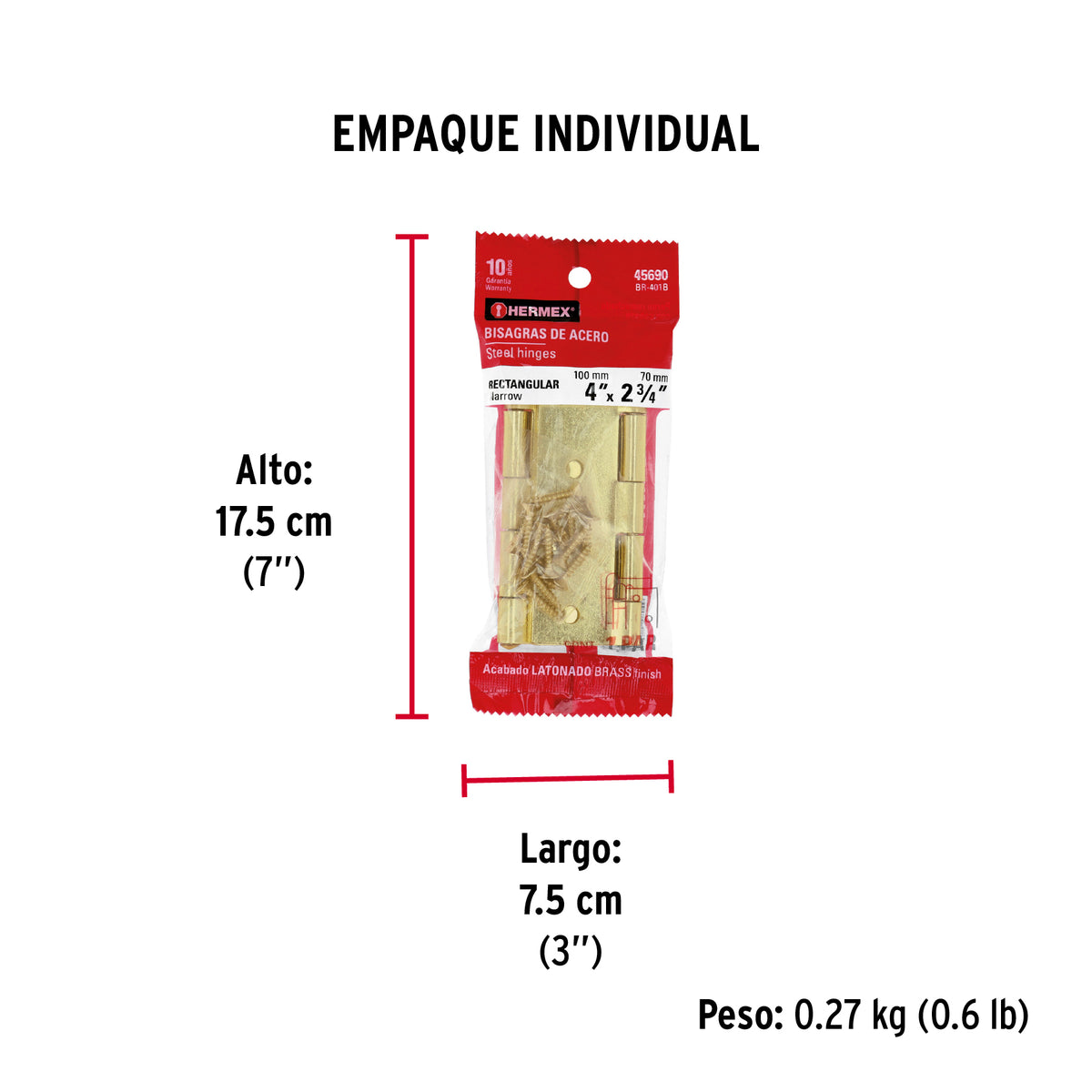 Bolsa 2 bisagras rectangulares 4 x 2-3/4", acero latonado · vista 5