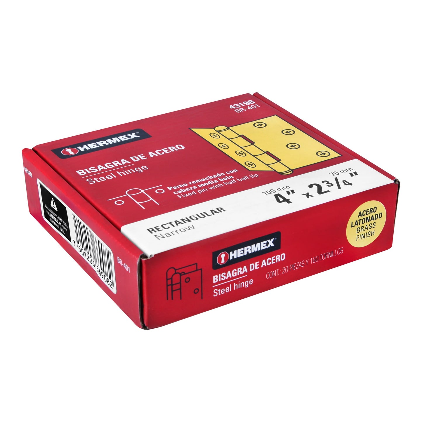 Bisagra rectangular de 4 pulgadas en acero latonado