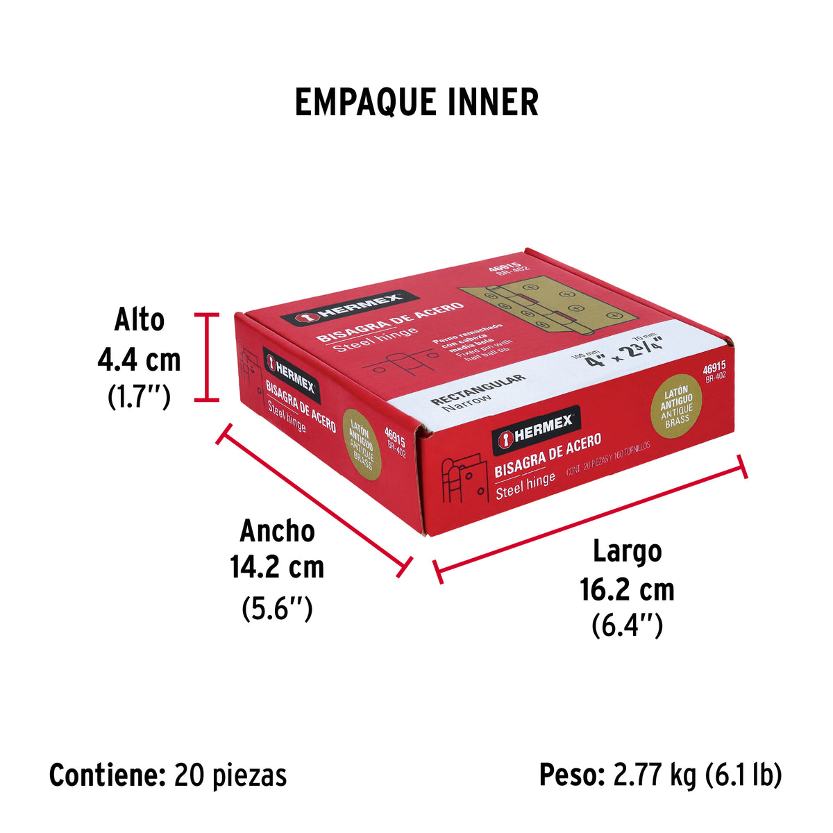 Bisagra rectangular 4 x 2-3/4", latón antiguo · vista 5