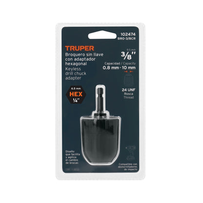 Broquero de 3/8" sin llave con adaptador hexagonal de 1/4"