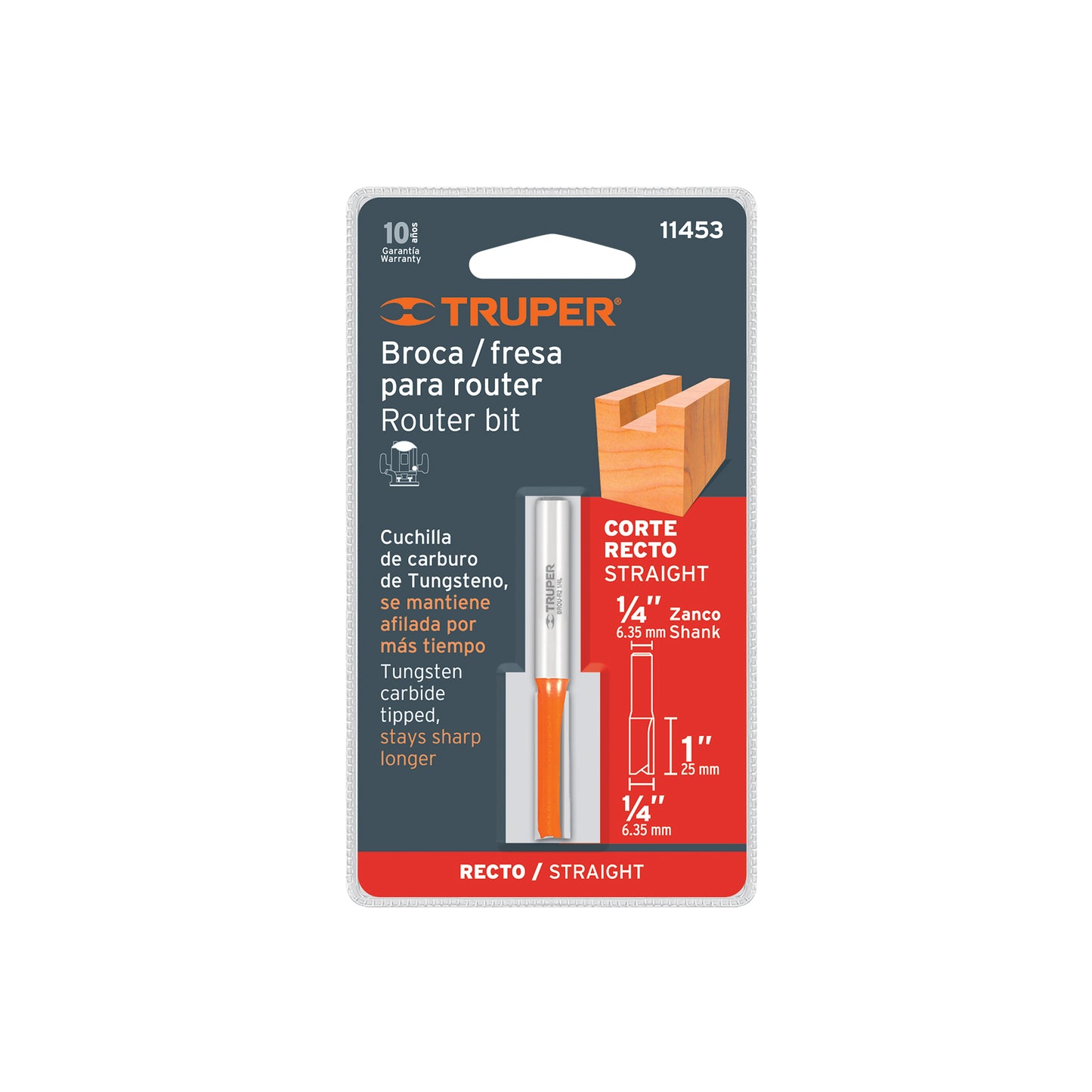 Broca para router recta 2 filos 1/4" larga