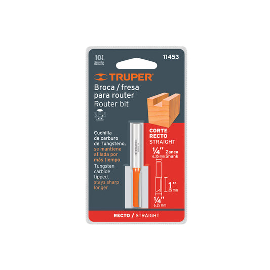 Broca para router recta 2 filos 1/4" larga