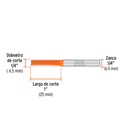 Broca para router recta 2 filos 1/4" larga