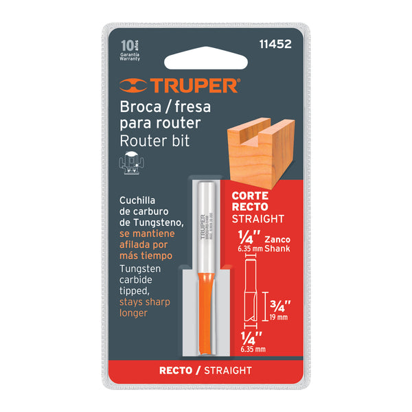 Broca para router recta 2 filos 1/4