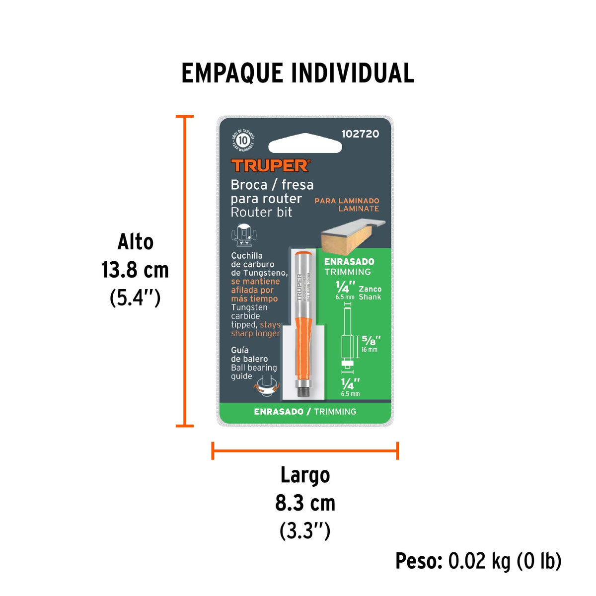 Broca para router, corte recto, 1/4" con balero · vista 5