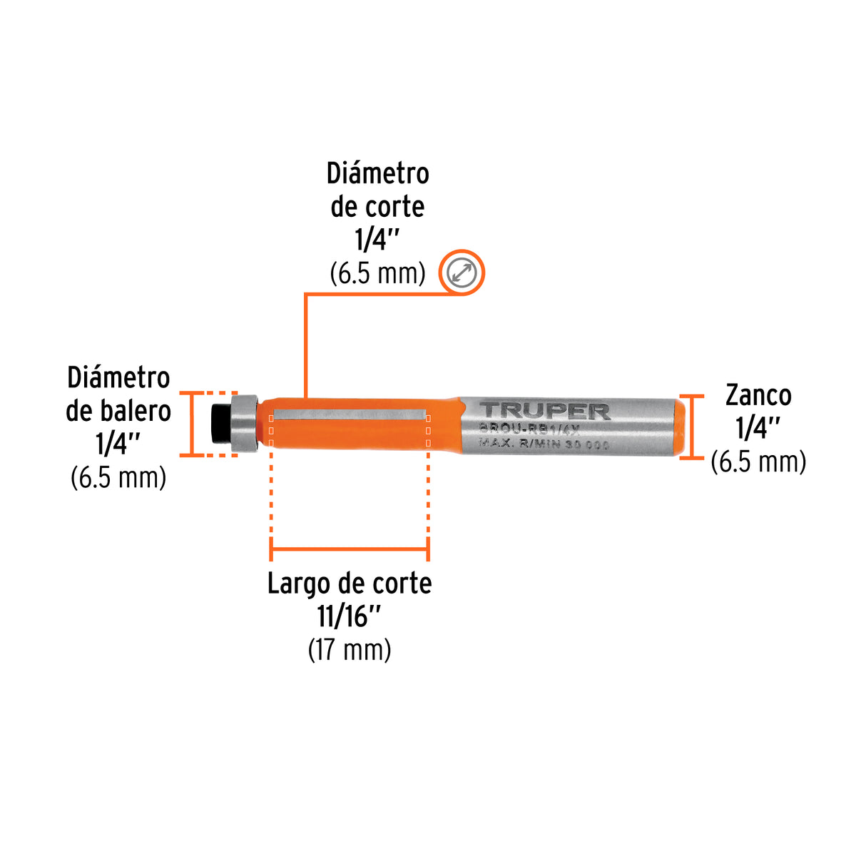 Broca para router, corte recto, 1/4" con balero · vista 3