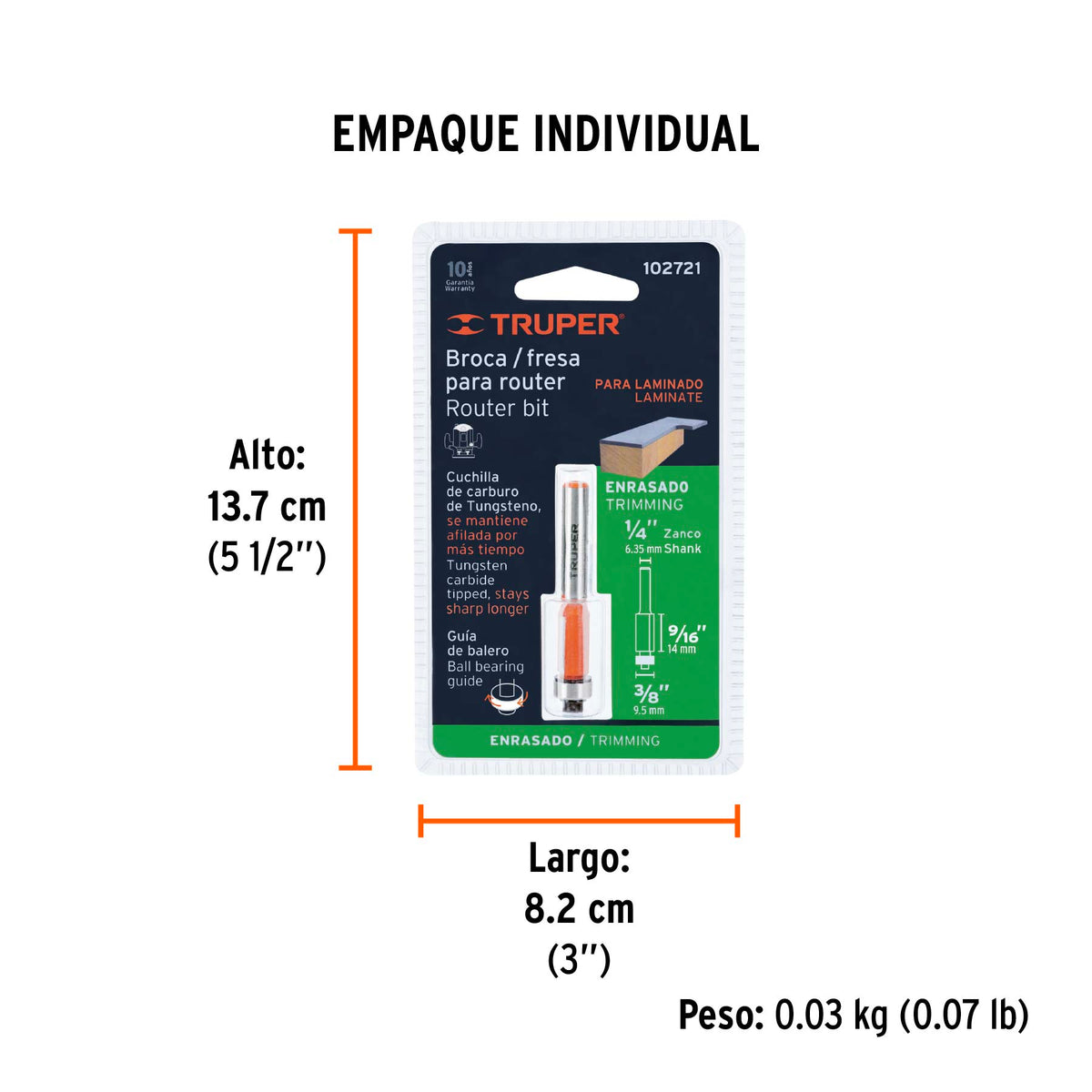 Broca para router, corte recto, 3/8" con balero · vista 5