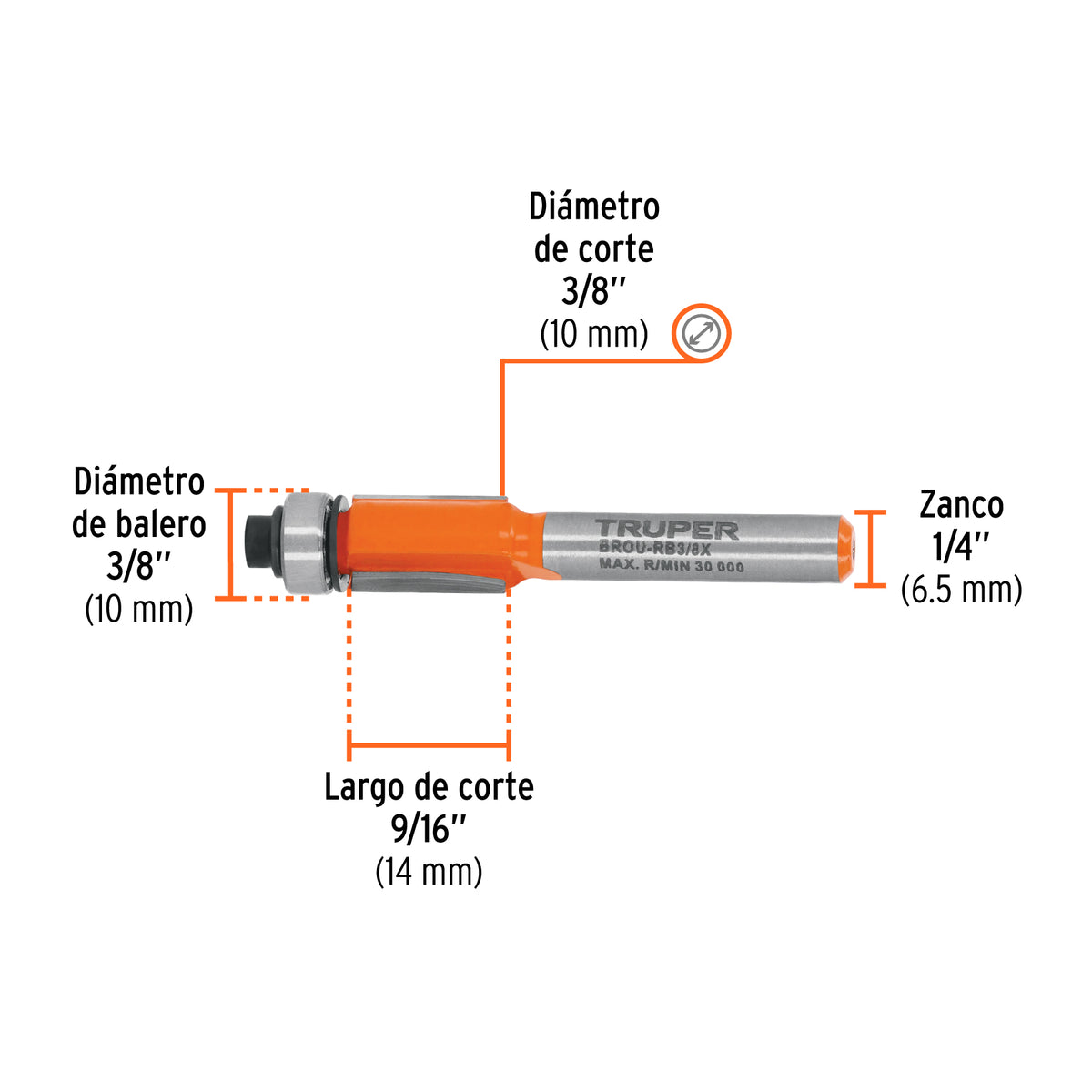 Broca para router, corte recto, 3/8" con balero · vista 3