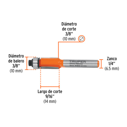 Broca para router, corte recto, 3/8" con balero · vista 3