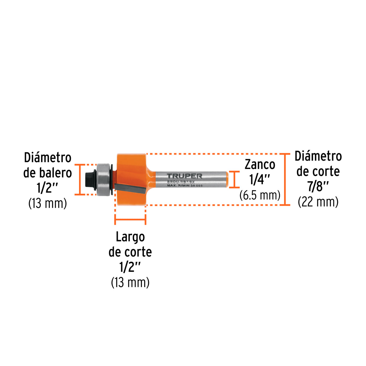 Broca para router, rebajado, 7/8" con balero · vista 3