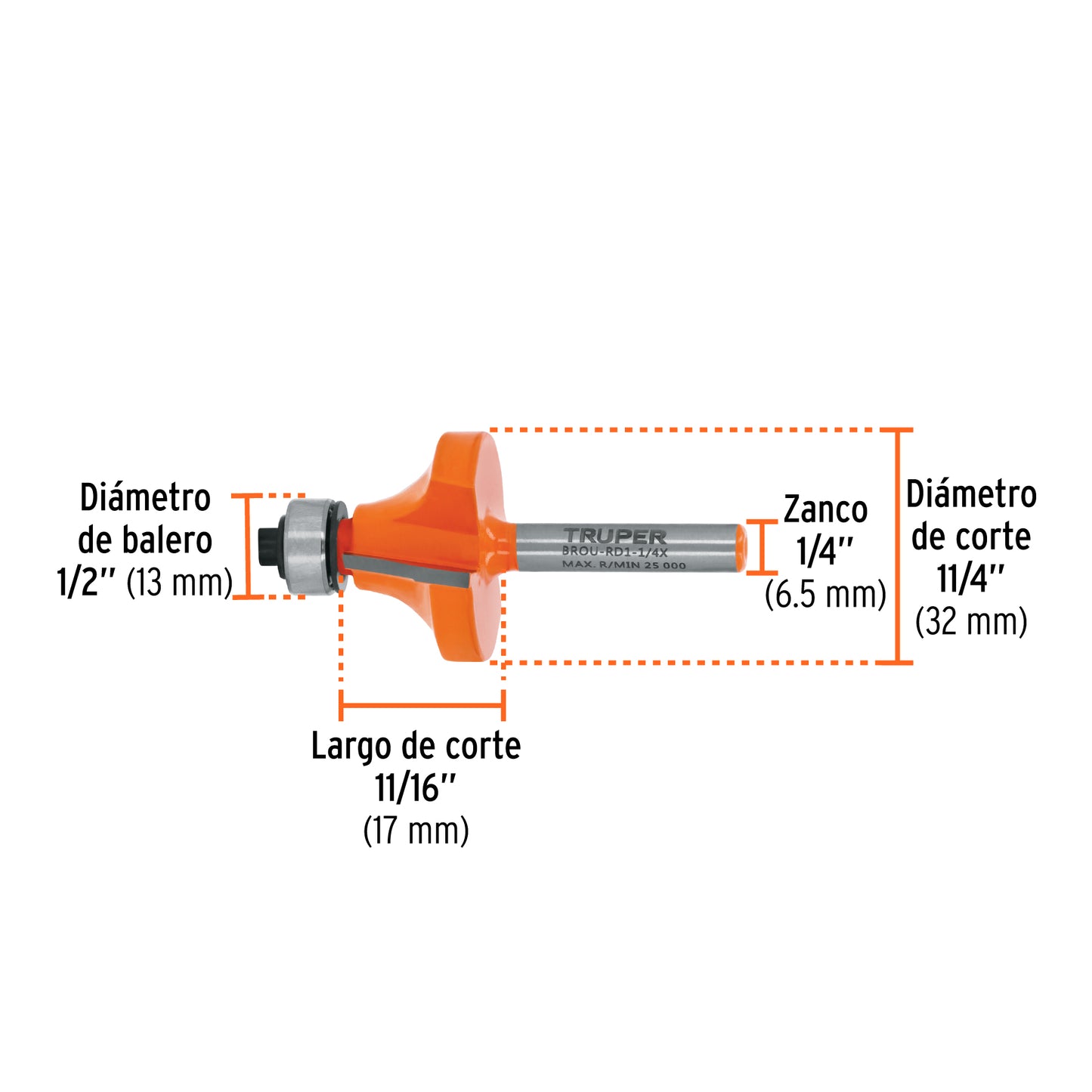 Broca para router redondeado 1-1/4" con balero
