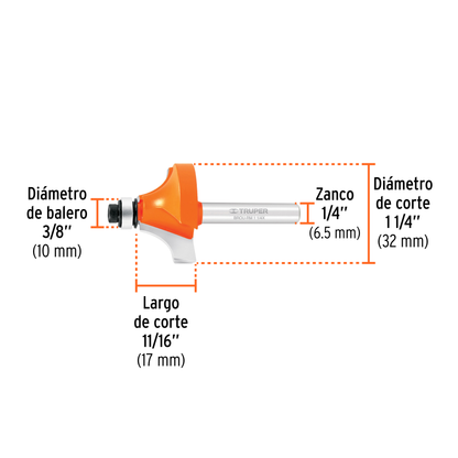 Broca para router redondeado con moldura 1-1/4"