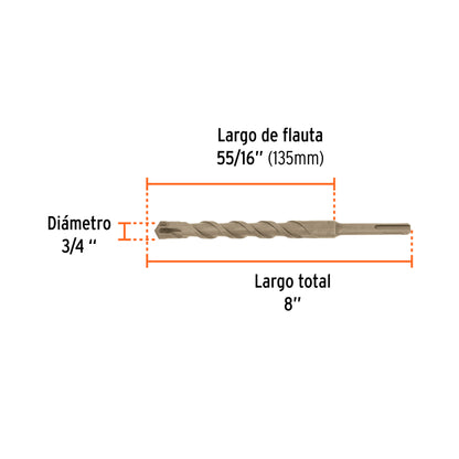 Broca SDS Plus de 3/4 in con largo de 8 in