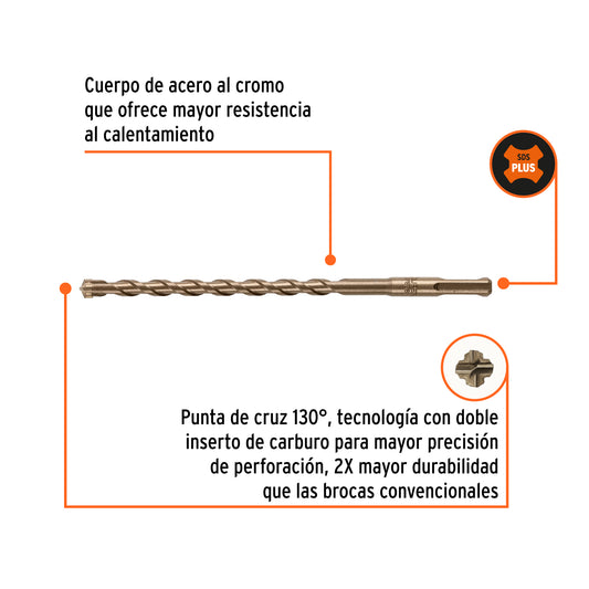 Broca SDS Plus de 3/8 x 8 in con cuerpo de acero al cromo