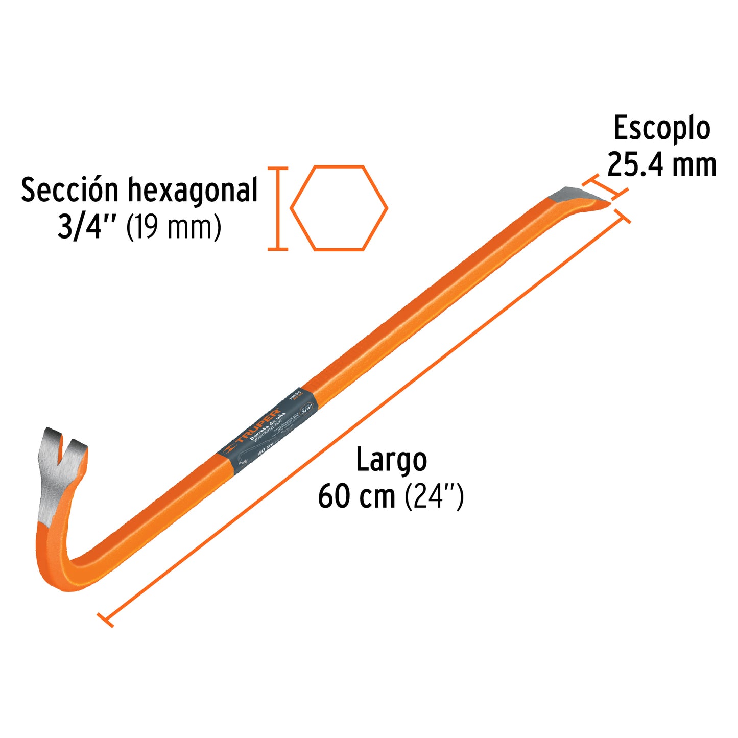 Barreta de uña de 3/4 in y 60 cm con sección hexagonal
