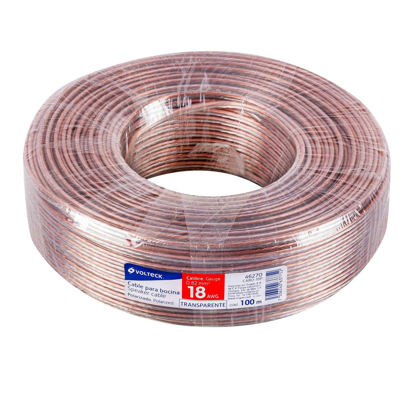 Rollo de 100 m de cable polarizado transparente para bocina 18 AWG