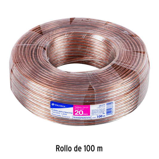 Rollo de 100 m de cable polarizado transparente para bocina 20 AWG