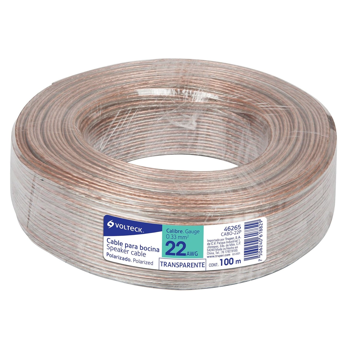 Rollo de 100 m de cable polarizado transparente para bocina 22 AWG