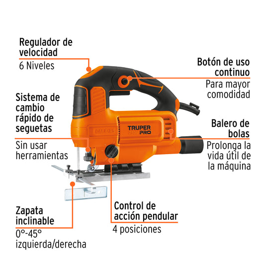 Sierra caladora de 750 W con velocidad variable y zapata inclinable