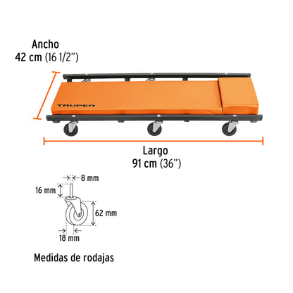 Cama de acero 36 pulg para mecánico