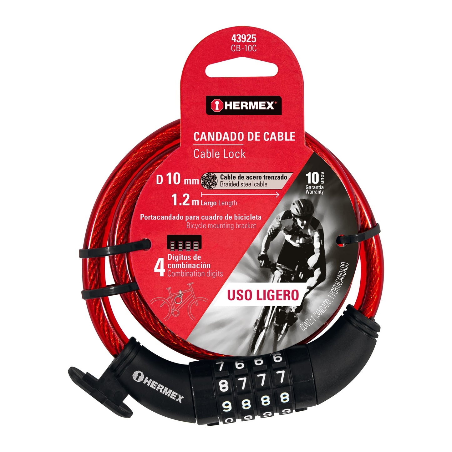 Candado de cable con combinación 10 mm x 1.20 m