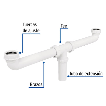 Céspol doble de 1 1/2" sin contra para tarjas de doble tina