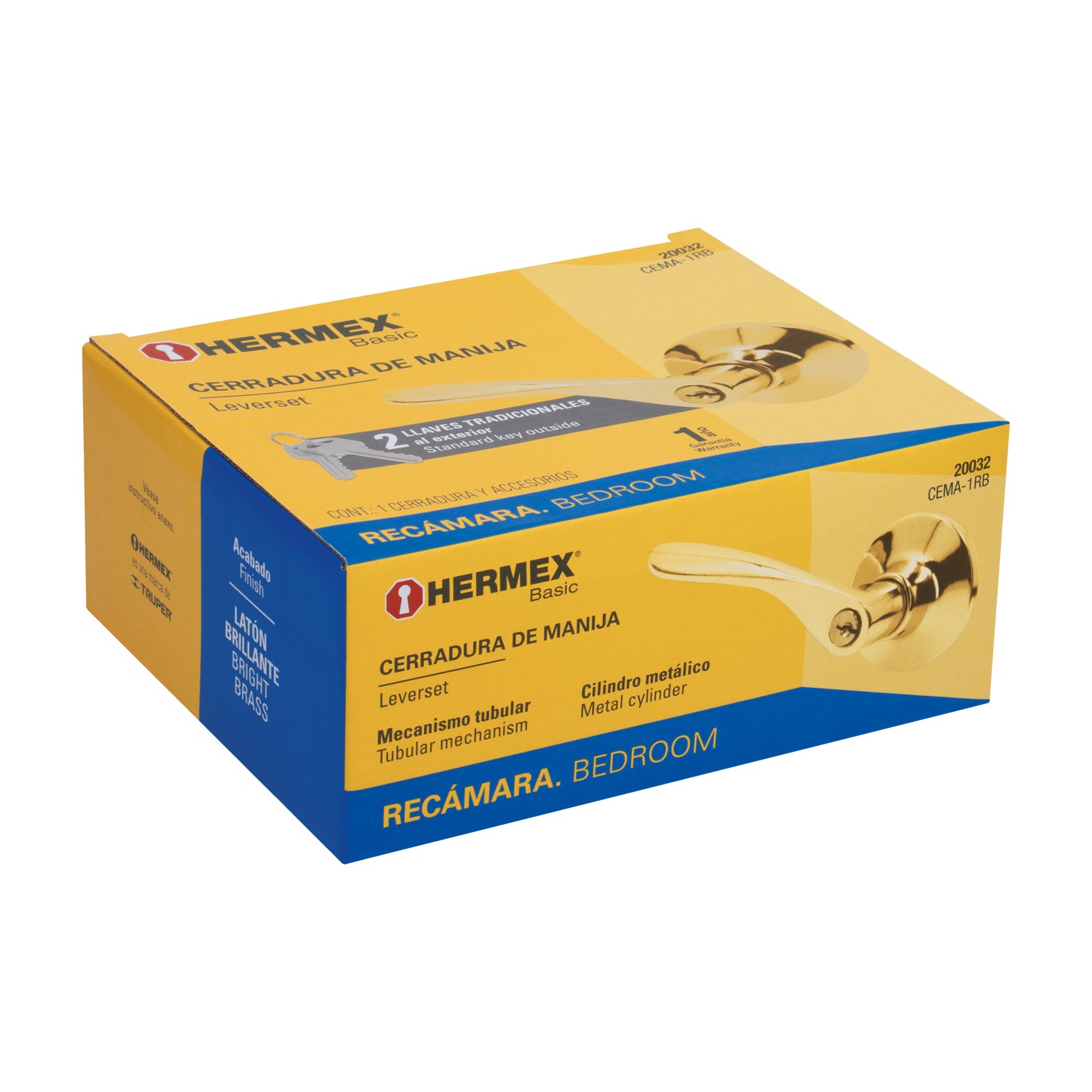 Cerradura manija recámara de latón brillante con cilindro metálico