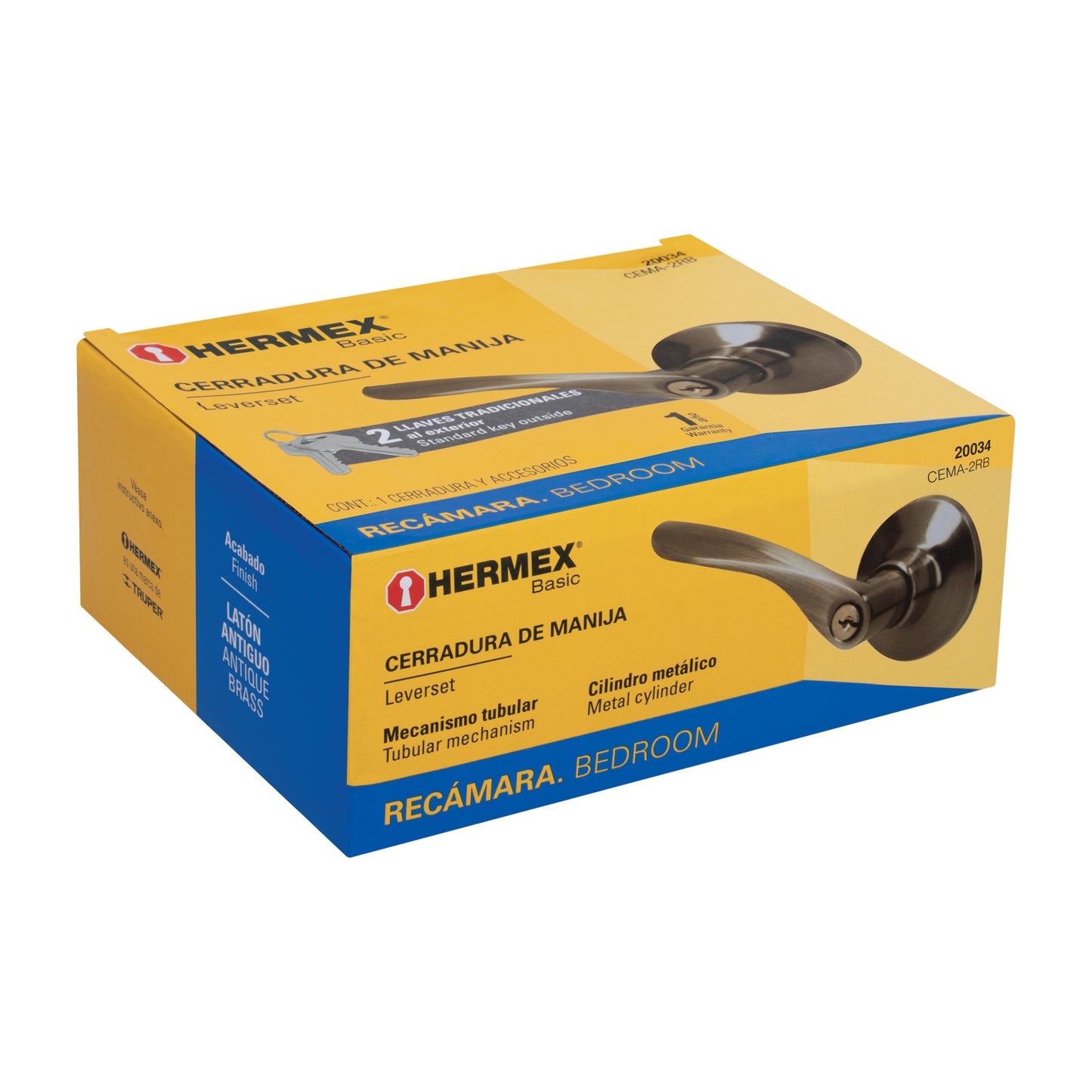 Cerradura manija recámara de latón antiguo con cilindro metálico