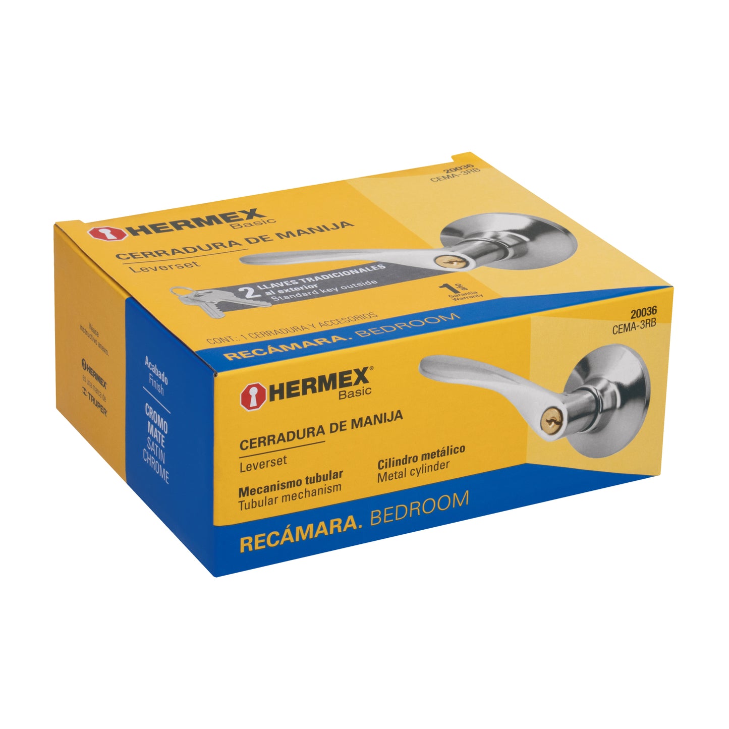 Cerradura manija recámara de cromo mate con cilindro metálico