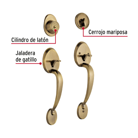 Doble jaladera y perilla de latón antiguo con cerrojo llave mariposa