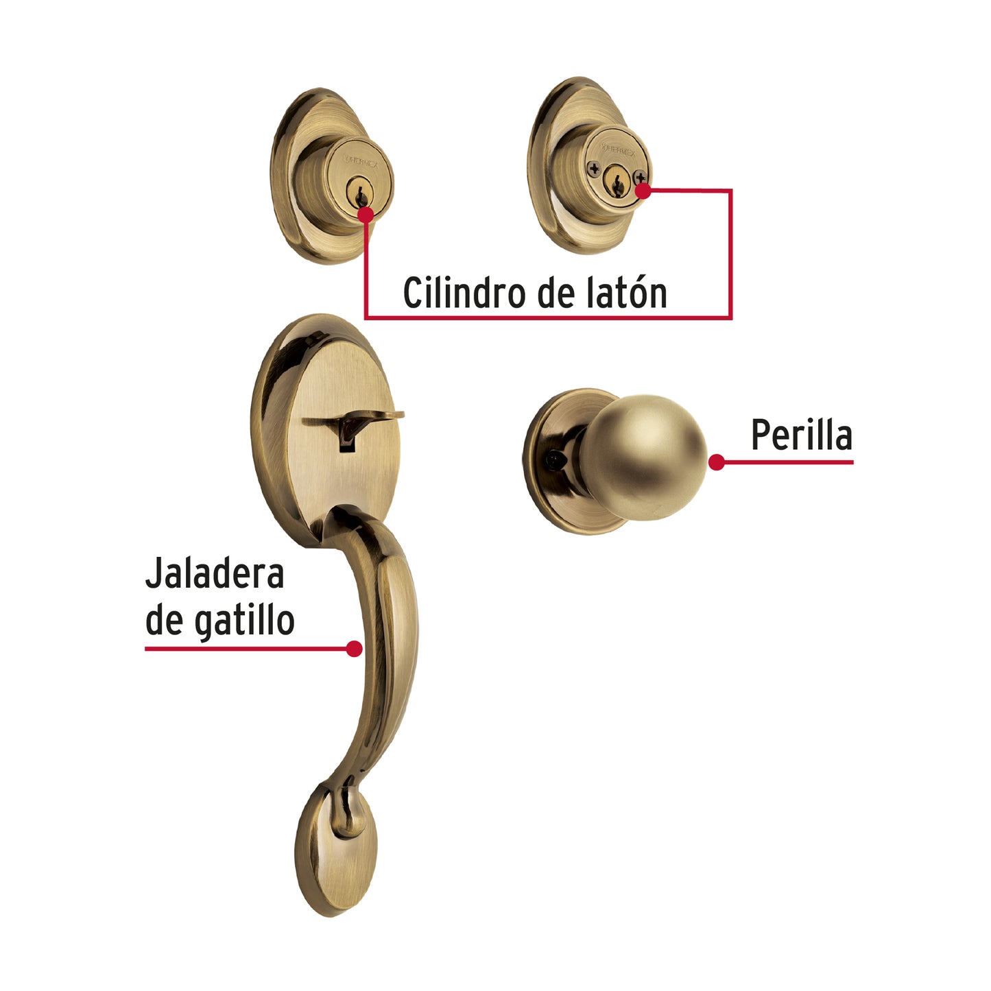Jaladera y Perilla Llave-Llave Latón Antiguo