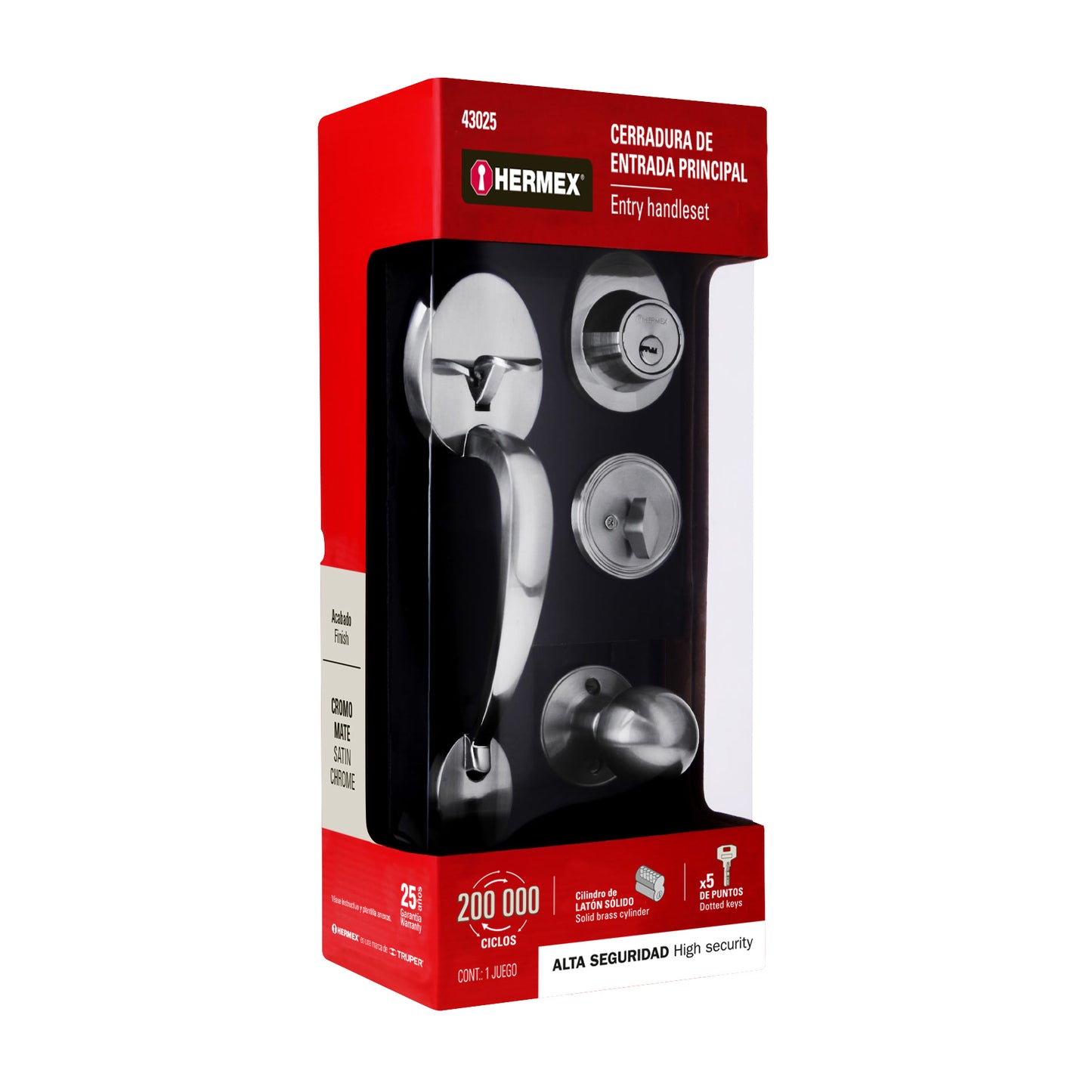 Jaladera y perilla de cromo mate con cerrojo llave mariposa