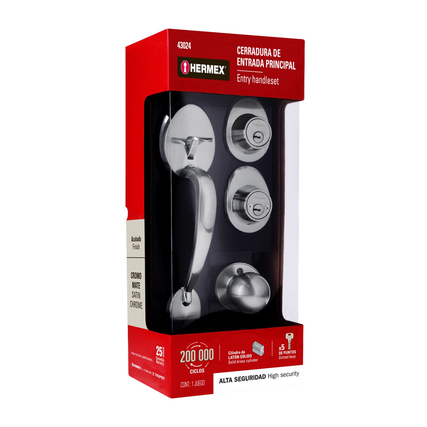 Jaladera y perilla de cromo mate con cerrojo llave llave