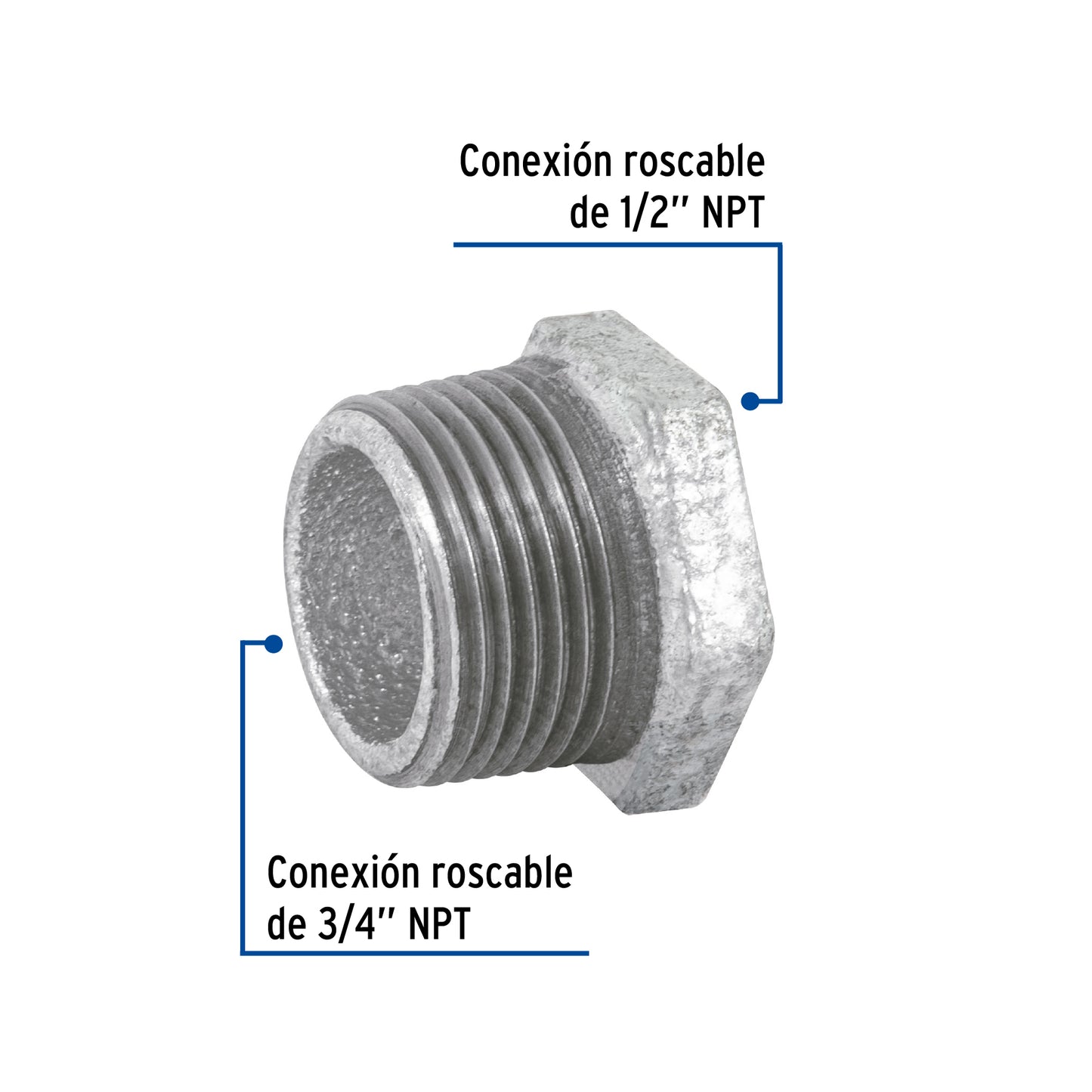 Reducción bushing de 3/4" x 1/2" en acero galvanizado