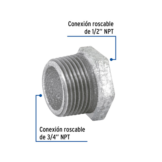 Reducción bushing de 3/4" x 1/2" en acero galvanizado
