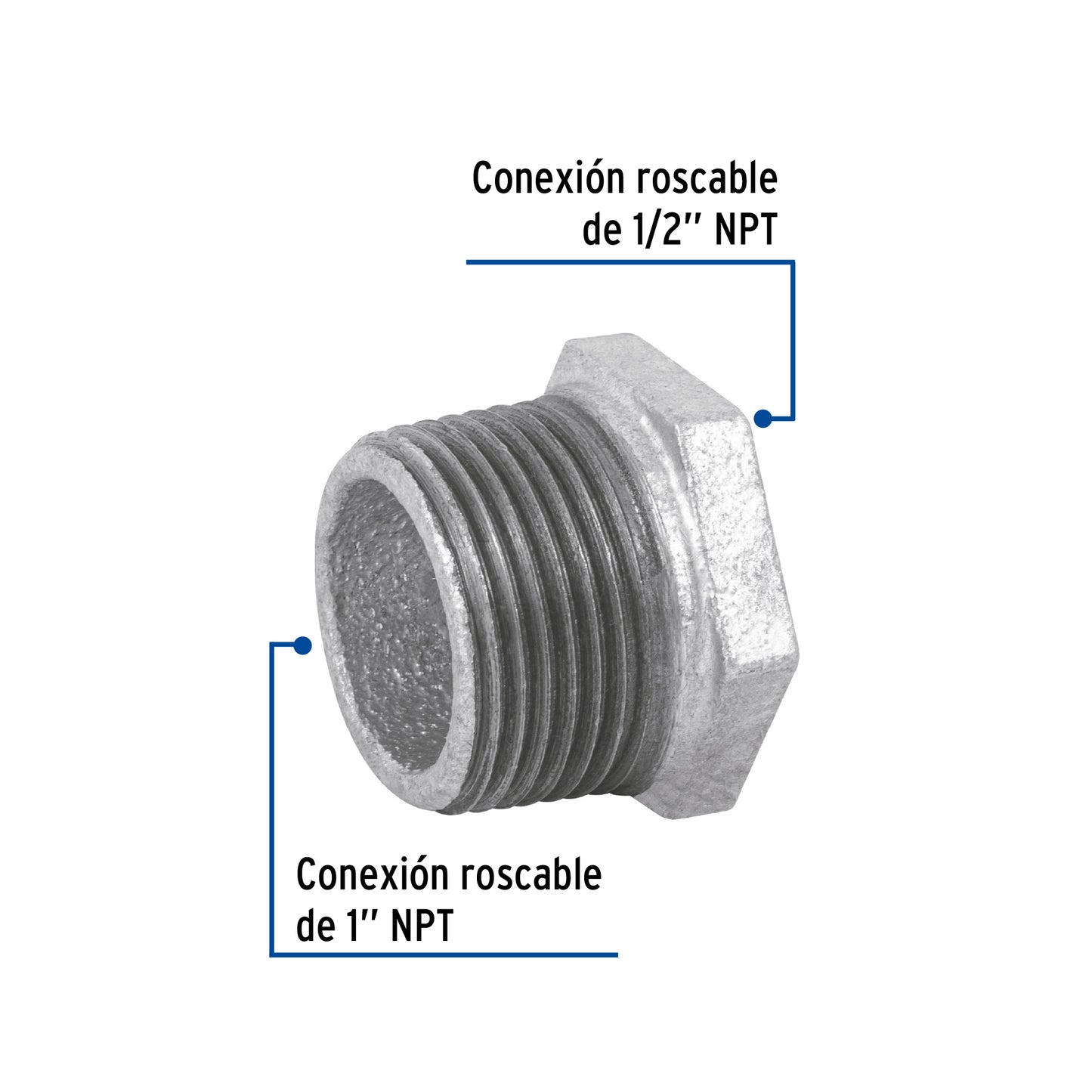 Reducción bushing de 1" x 1/2" en acero galvanizado