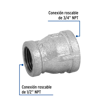 Reducción campana de 3/4" x 1/2" en acero galvanizado
