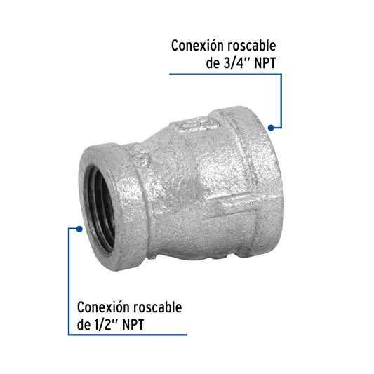 Reducción campana de 3/4" x 1/2" en acero galvanizado