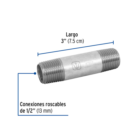 Niple de acero galvanizado de 1/2" x 3"