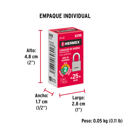 Candado de hierro de 25 mm con gancho corto