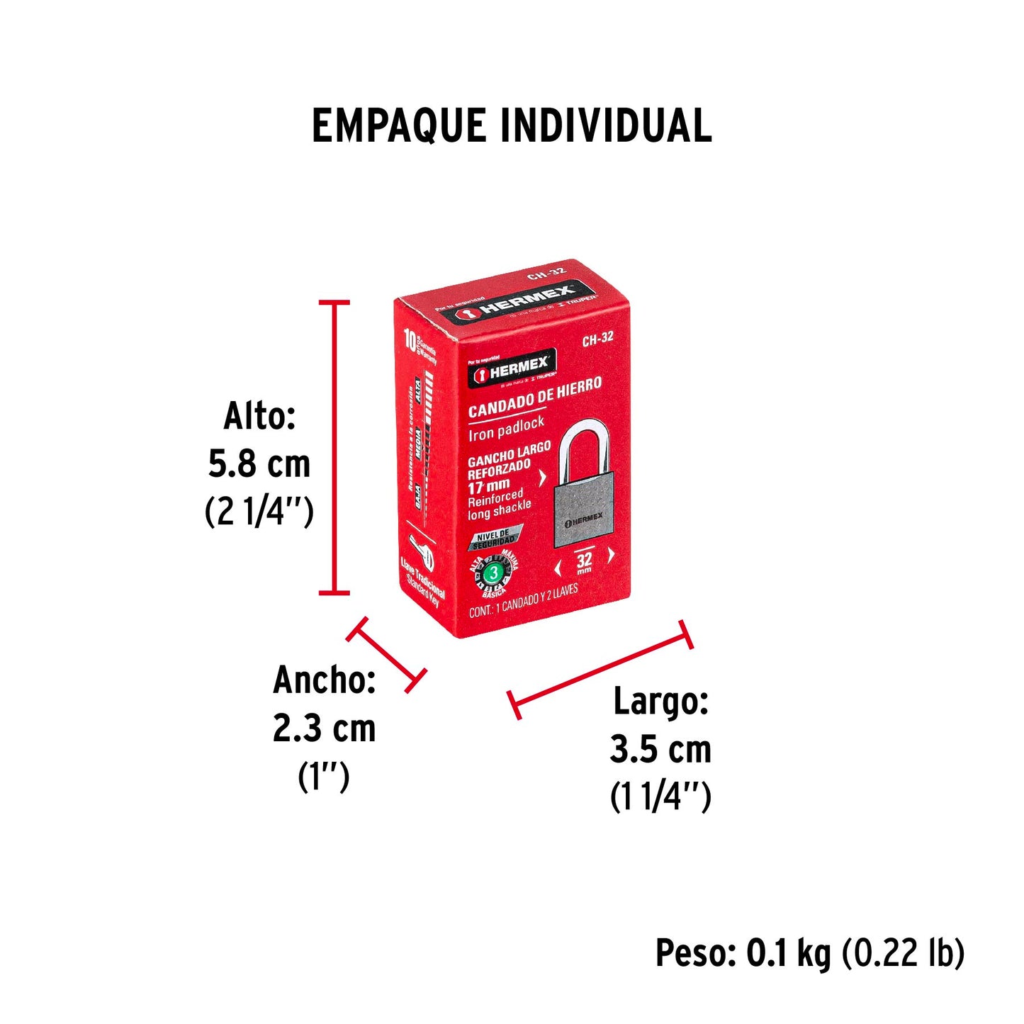 Candado de hierro de 32 mm con gancho corto