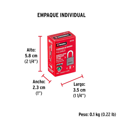 Candado de hierro de 32 mm con gancho corto